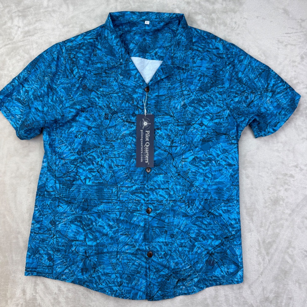 Pilot Quarters Aviation Map Shirt PA Mens L Blue Regular Fit Novelty Pilot NWT